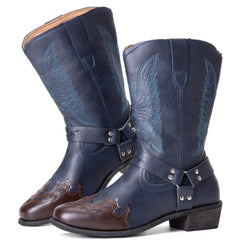 Women Retro Embroidery Leather England Style Pointy Toe Mid-calf Pull-on Casual Martin Knight Boots