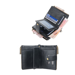 Men PU Leather Short Bifold Double Zipper Multi-card Slot Card Holder Retro Coin Purse Money Clip Wallet