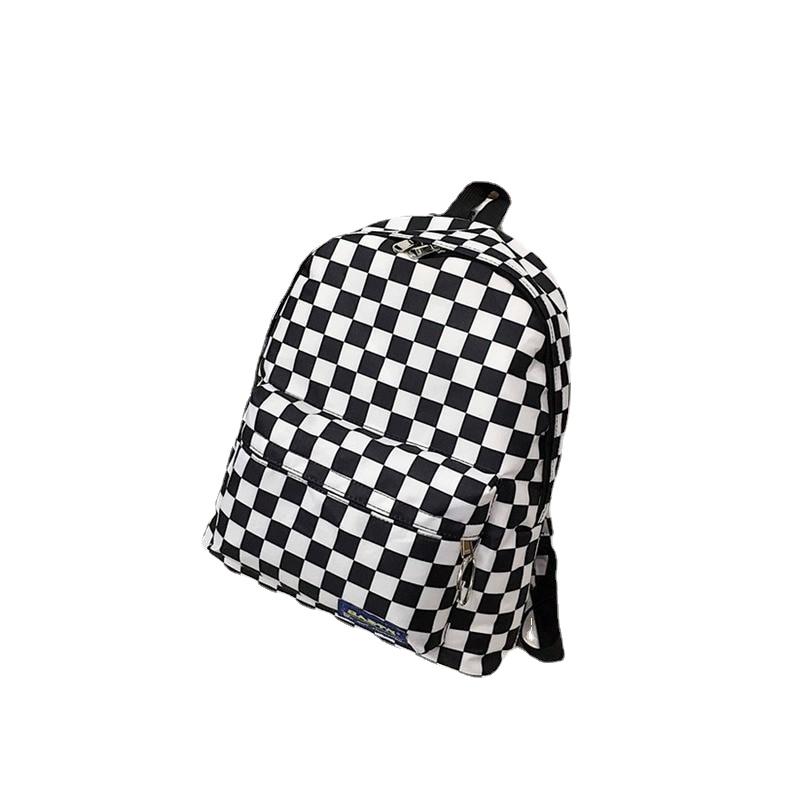 Black and White Plaid Backpack Casual Nylon Outdoor Travel College Style Student School Bag