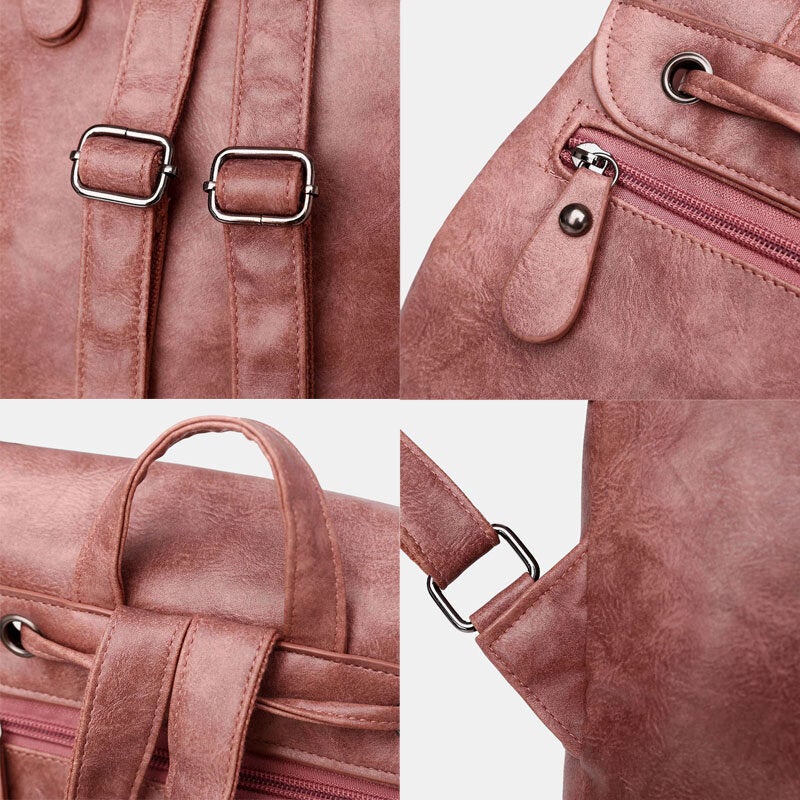 Women PU Leather Multi-pockets  Button Backpack  Drawstring Hasp Laptop Bag