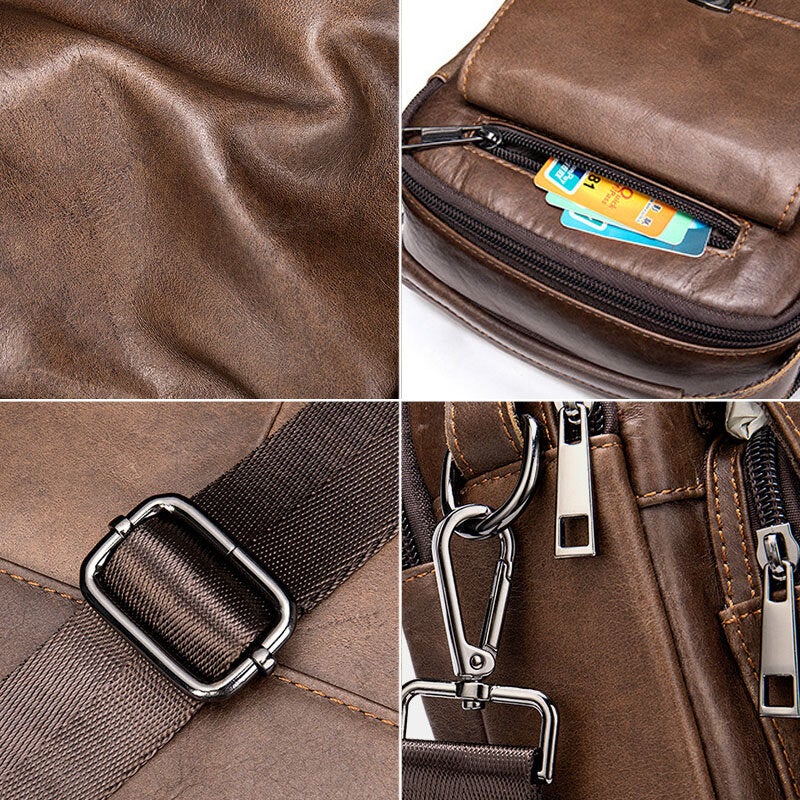 Men Genuine Leather Back Anti-theft Pocket Crossbody Bags Retro Multi-pocket Wear-resistant Messenger Bag Shoulder