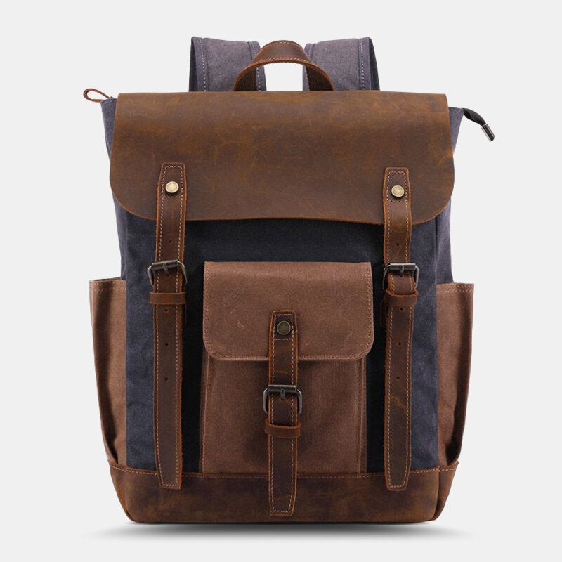 Men Oil Wax Canvas Multi-pocket Backpack Large Capacity Breathable Wear-resistant 14 Inch Laptop Bag