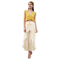 Stripe Split Wide Leg Pants Bottom Sash Ruffle High Waist Trousers For Women