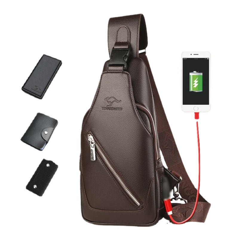 Men PU Leather USB Charging Waterproof Earphone Hole Business Crossbody Bag Chest Bag Sling Bag