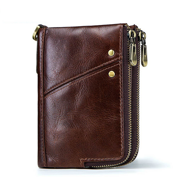 Men Genuine Leather Vinateg RFID Blocking Double Zipper Vertical Wallet