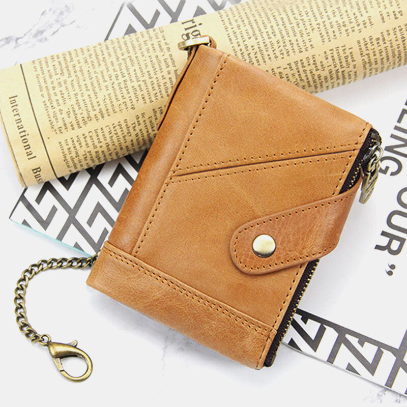 Men Genuine Leather Multi-slot Retro Business Fashion Leather Card Holder Wallet With Chain