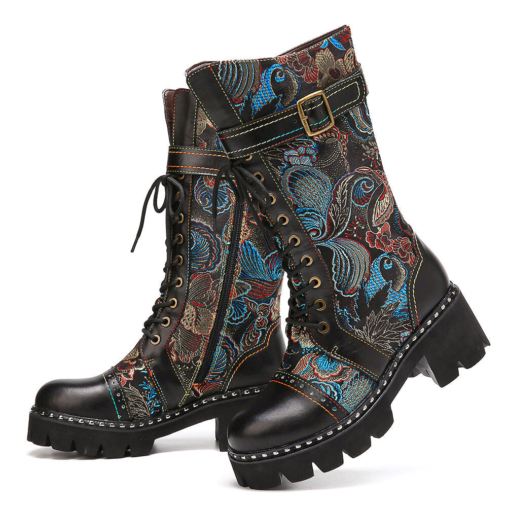 Retro Buckle Strap Decor Flowers Cloth Leather Splicing Comfy Wearable Fashion Mid-calf Boots