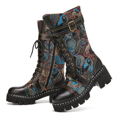 Retro Buckle Strap Decor Flowers Cloth Leather Splicing Comfy Wearable Fashion Mid-calf Boots