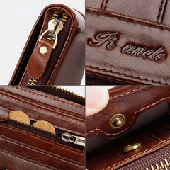 Men Genuine Leather Mini Retro Coin Card Holder Zipper Wallet