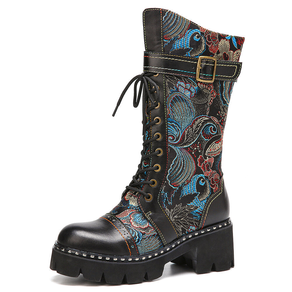 Retro Buckle Strap Decor Flowers Cloth Leather Splicing Comfy Wearable Fashion Mid-calf Boots