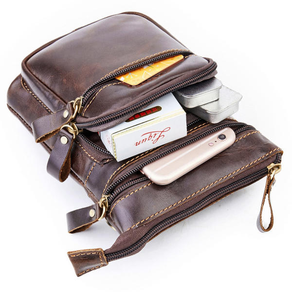 Men Phone Bag Multifunction Oil Wax Genuine Leather Shoulder Crossbody Bag Waist Bag