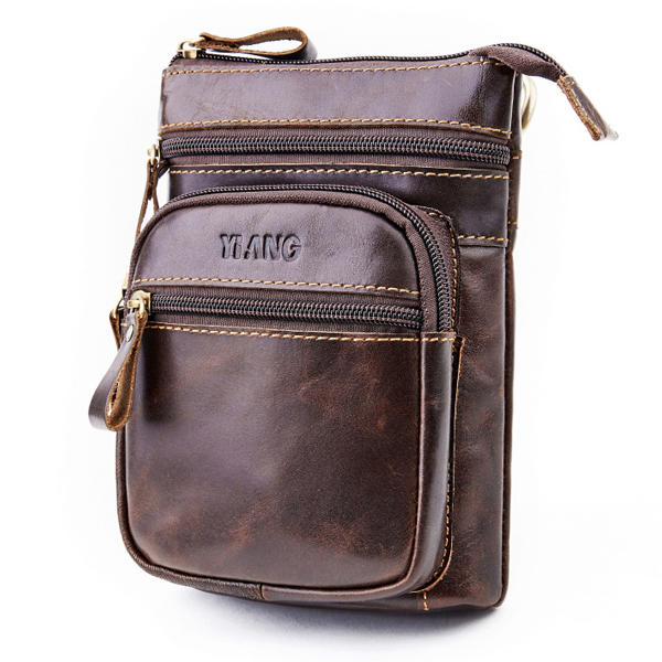 Men Phone Bag Multifunction Oil Wax Genuine Leather Shoulder Crossbody Bag Waist Bag