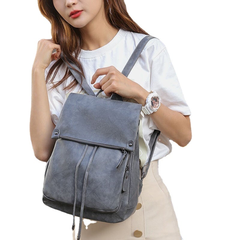 Women PU Leather Multi-pockets  Button Backpack  Drawstring Hasp Laptop Bag