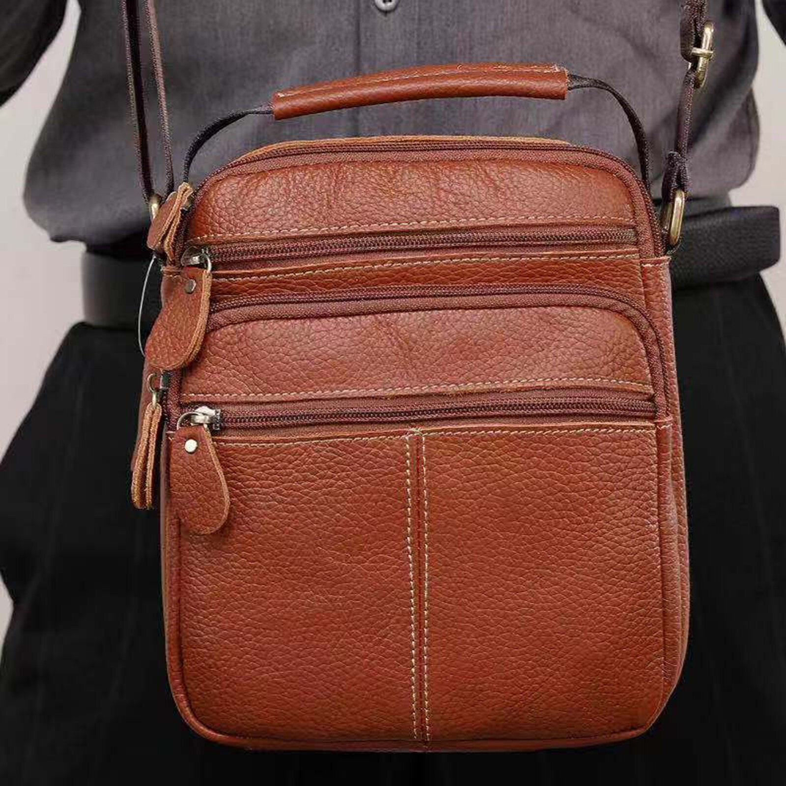 Men Genuine Leather Vintage Large Capactity Crossbody Bag Hard Wearing Fashion Zipper Design Shoulder Bag