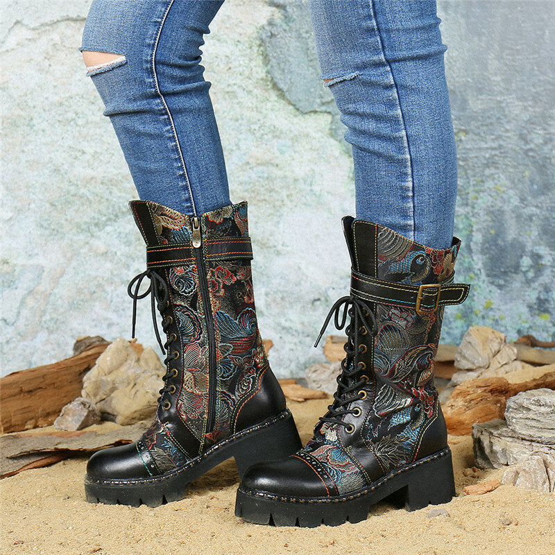 Retro Buckle Strap Decor Flowers Cloth Leather Splicing Comfy Wearable Fashion Mid-calf Boots