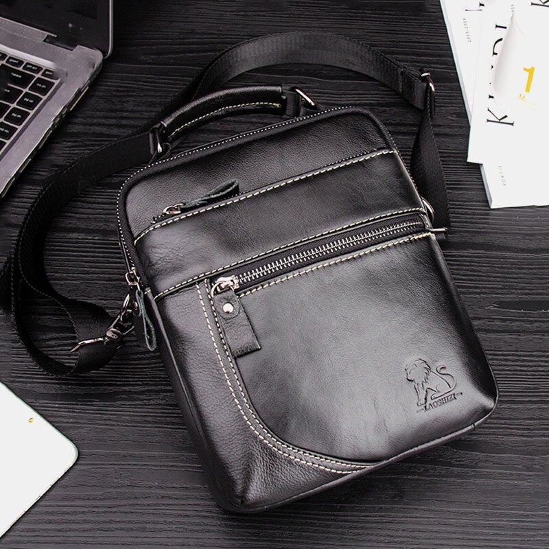 Men Genuine Leather Retro Business Casual Solid Color Cowhide Shoulder Bag Crossbody