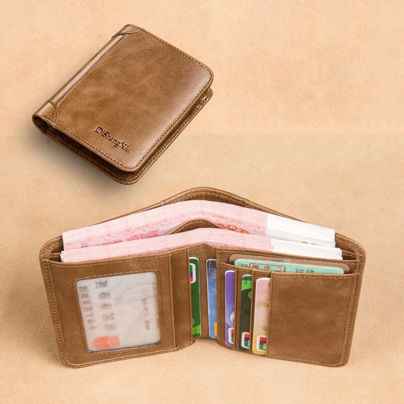 Men RFID Blocking Secure Wallet Fashion Vintage Purses Genuine Leather Tri-fold Short