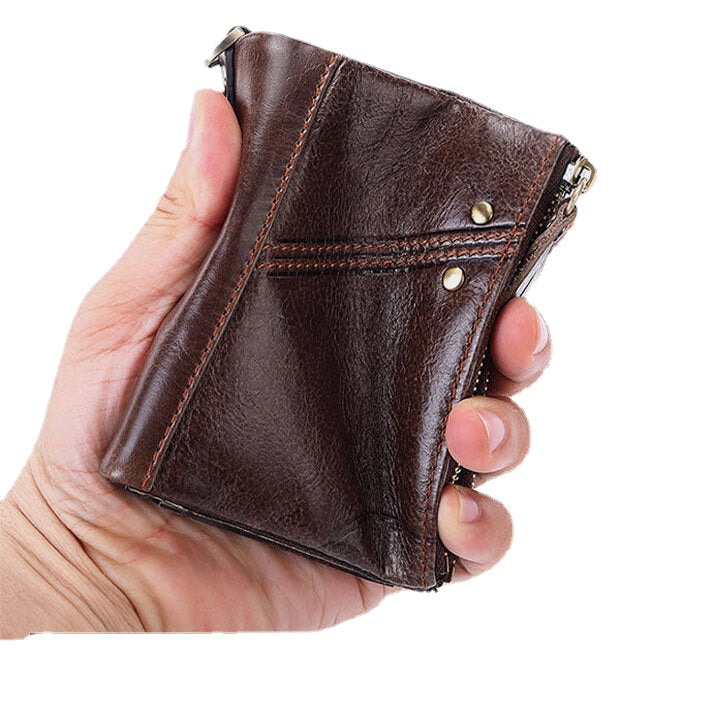 Men Genuine Leather RFID Blocking Anti-theft Retro Business Double Zipper Card Holder Wallet