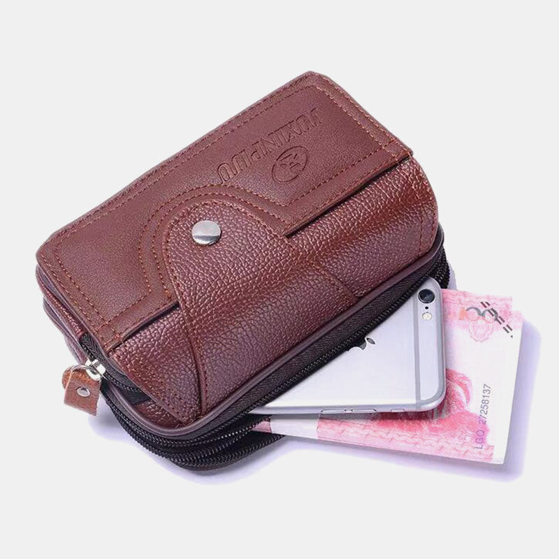 Men PU Leather Three-Layers Multifunction Waterproof Vintage Business 5.8 Inch Phone Bag Waist Bag