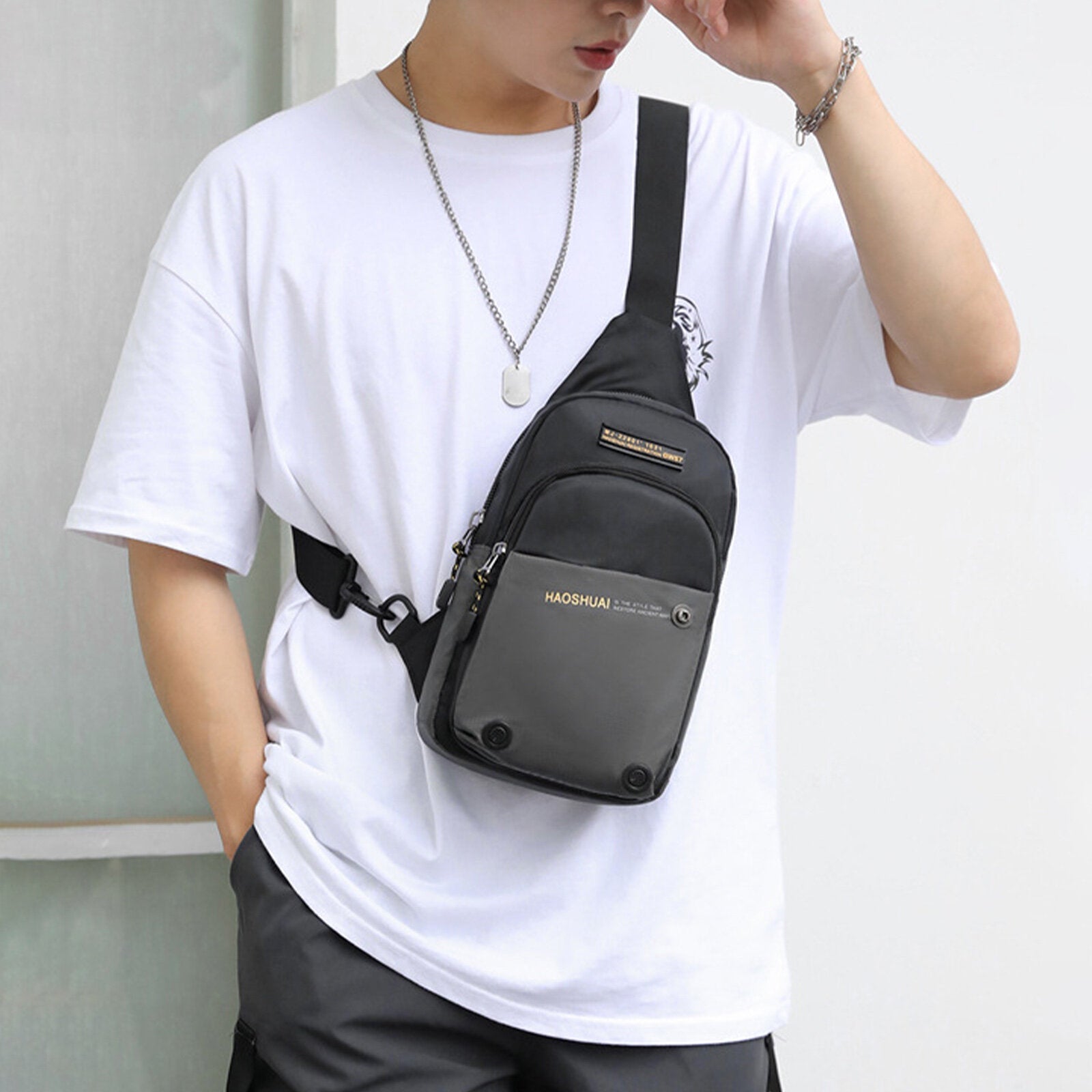 Men Nylon Fabric Sport Light Weight Casual Crossbody Bag Large Capacity Adjustable Strap Fishing Chest Bag