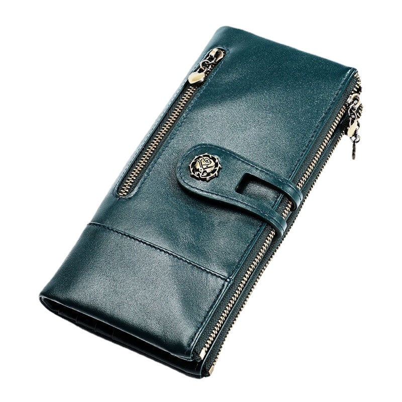 Women Genuine Leather Rfid Antimagnetic Multi-slots 14 Card Slots Zipper Bifold Long Wallet