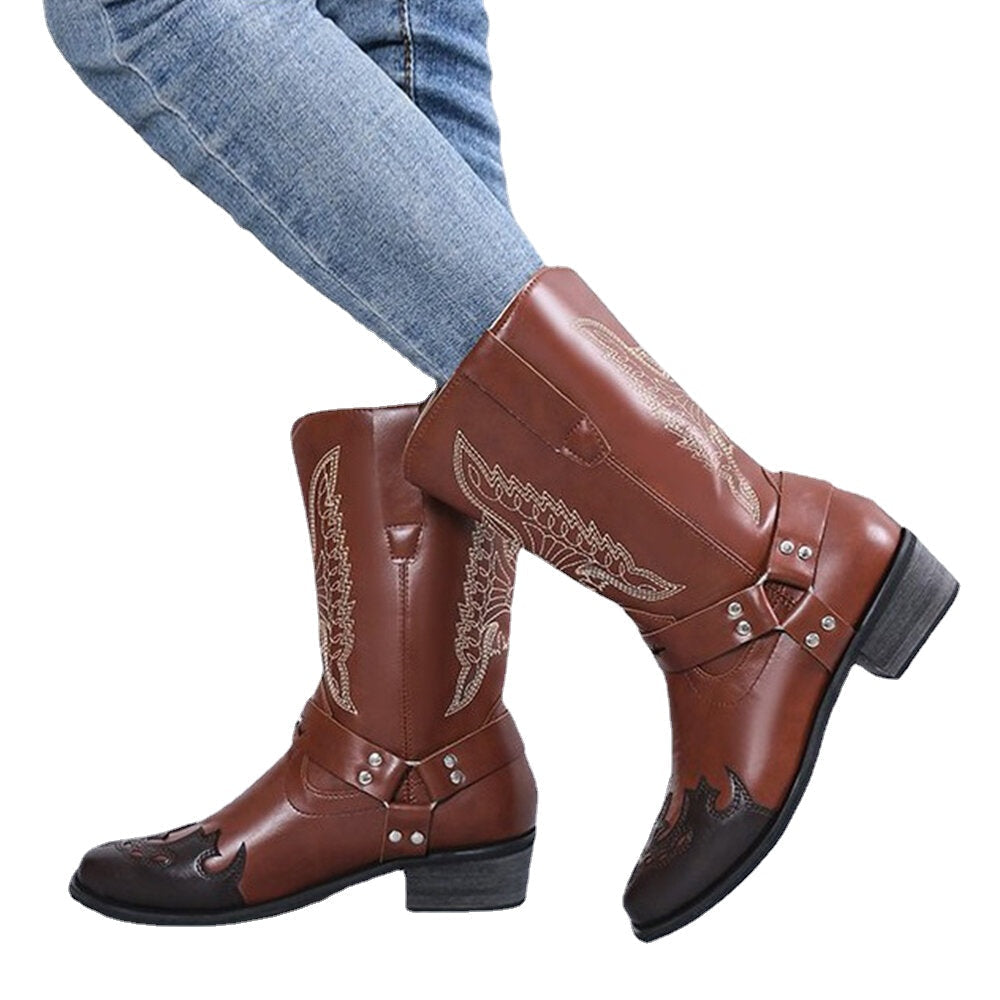 Women Retro Embroidery Leather England Style Pointy Toe Mid-calf Pull-on Casual Martin Knight Boots