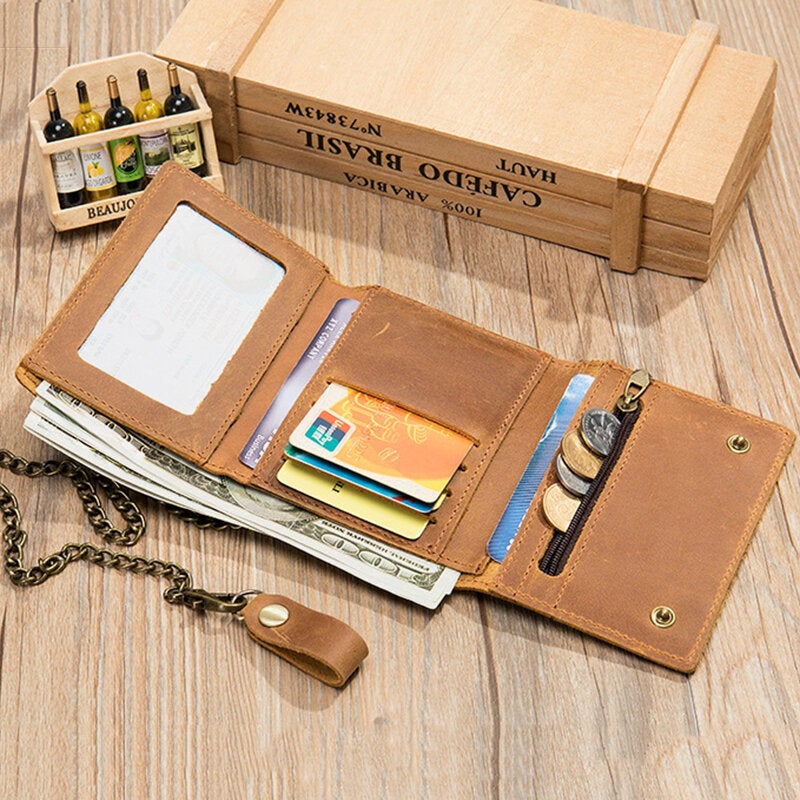 Leather RFID Solid Color Business Retro Personality Style Multi-slot Card Holder Wallet With Chain