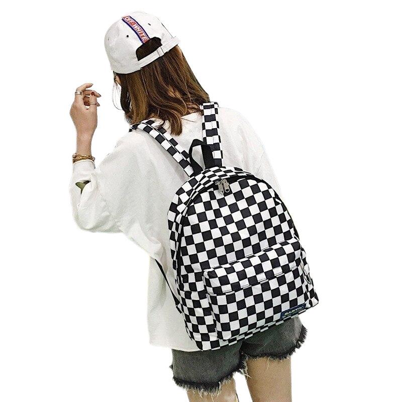 Black and White Plaid Backpack Casual Nylon Outdoor Travel College Style Student School Bag