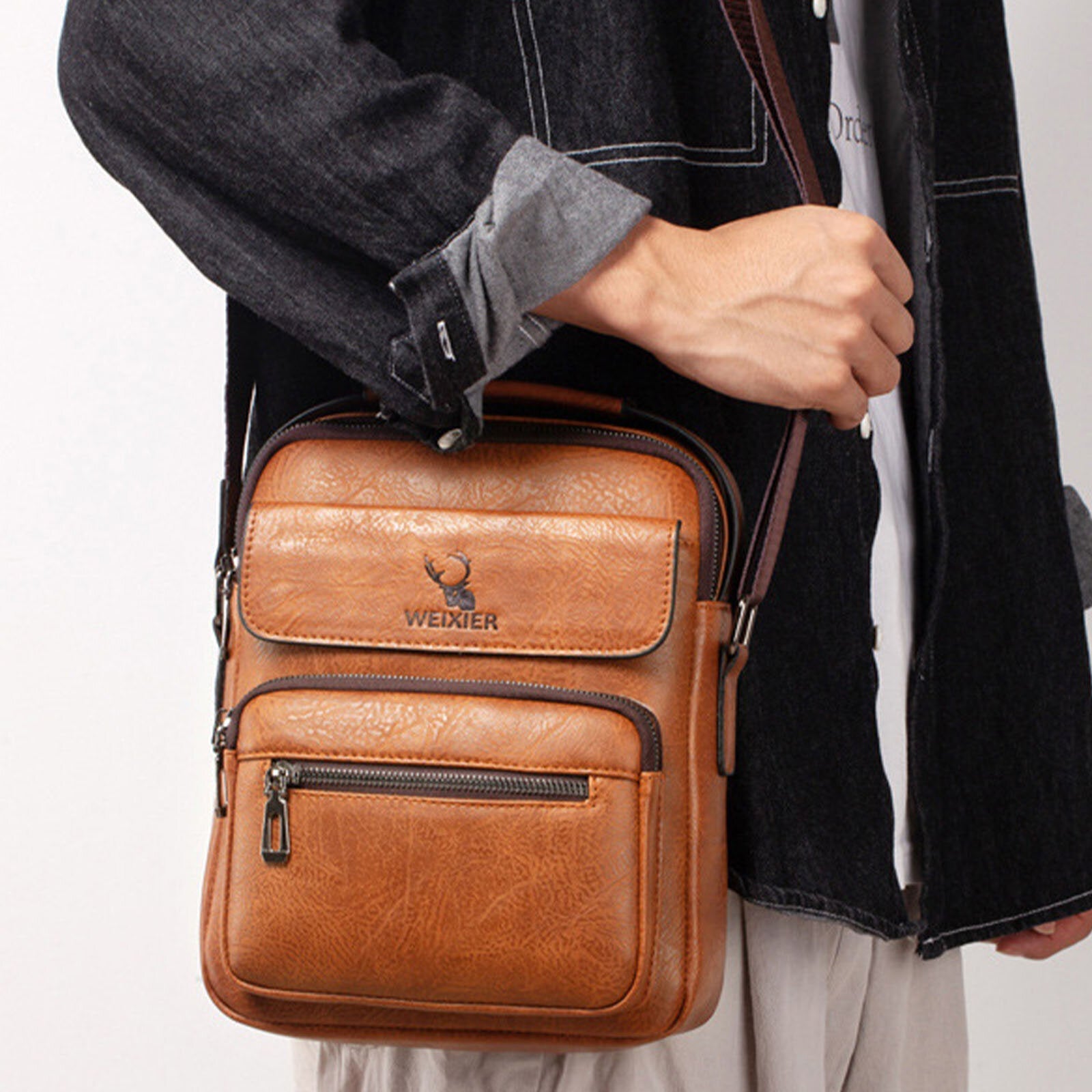 Men Artificial Leather Vintage Business Waterproof Large Capacity Shoulder Crossbody Bag