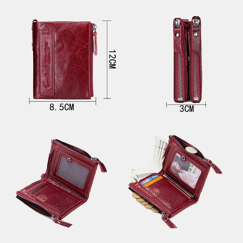 Genuine Leather Multifunction Multi-slot Double Zipper Casual Brief Solid Color Card Holder Wallet