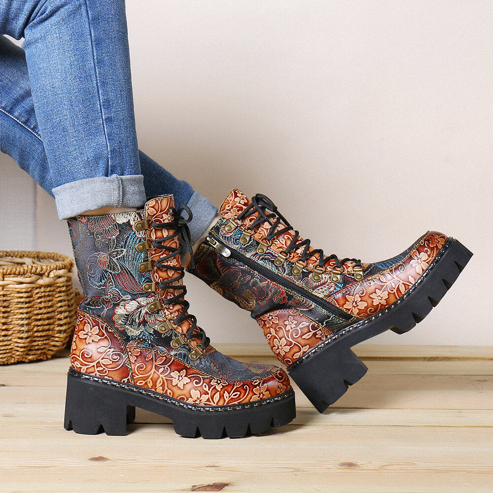 Retro Round Toe Embossing Floral Embroidery Cloth Leather Splicing Wearable Short Boots