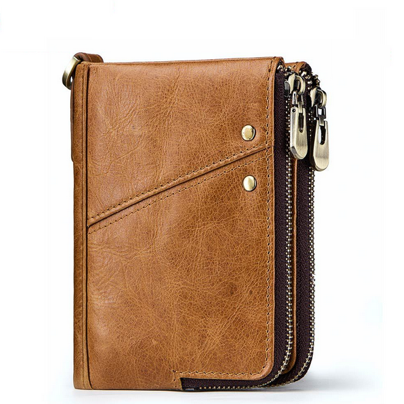 Men Genuine Leather Vinateg RFID Blocking Double Zipper Vertical Wallet