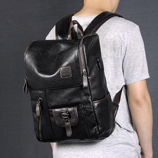 Men PU Leather Solid Vintage Large Capacity Backpack USB Charging Shoulder Bag