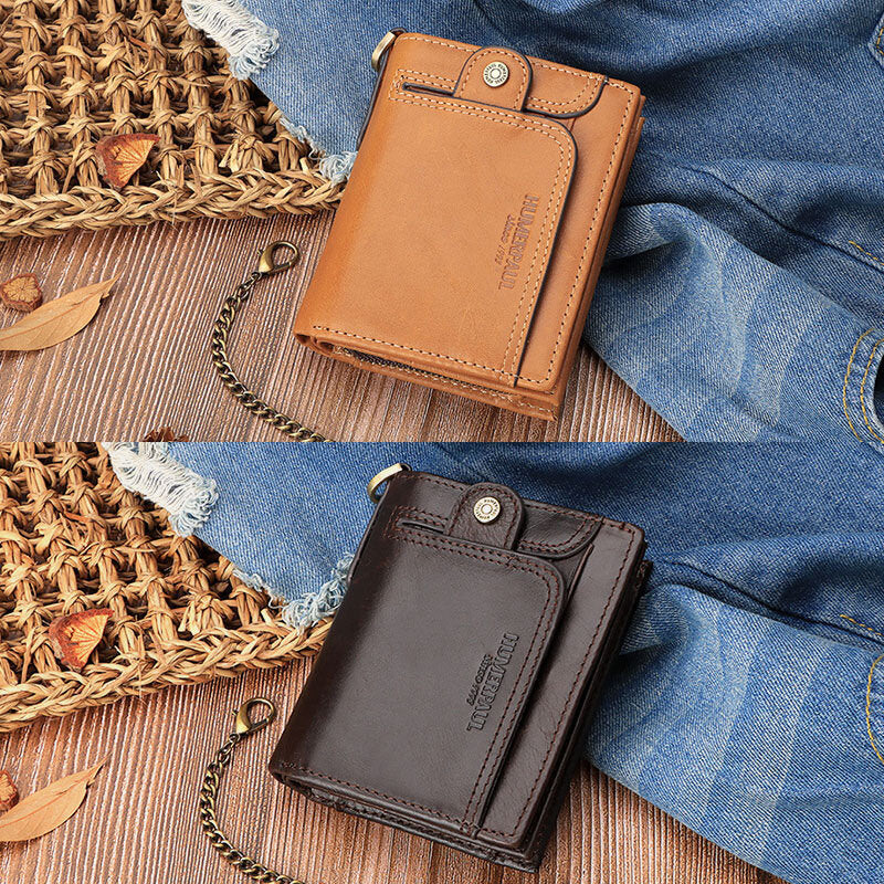 Men Genuine Leather RFID Anti-theft Zipper Multi-slot Card Holder Wallet With Chain