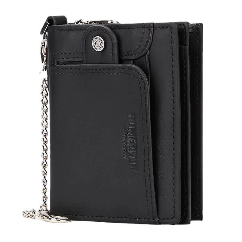 Men Genuine Leather RFID Anti-theft Zipper Multi-slot Card Holder Wallet With Chain