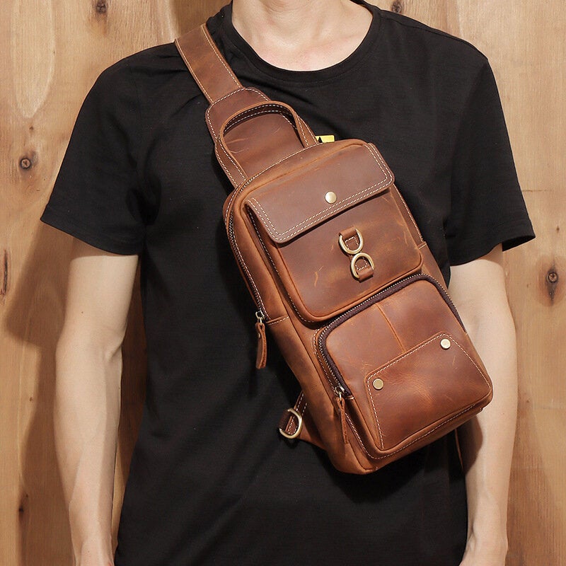 Men Genuine Leather Cowhide Retro Fashion Chest Bag Crossbody Sling