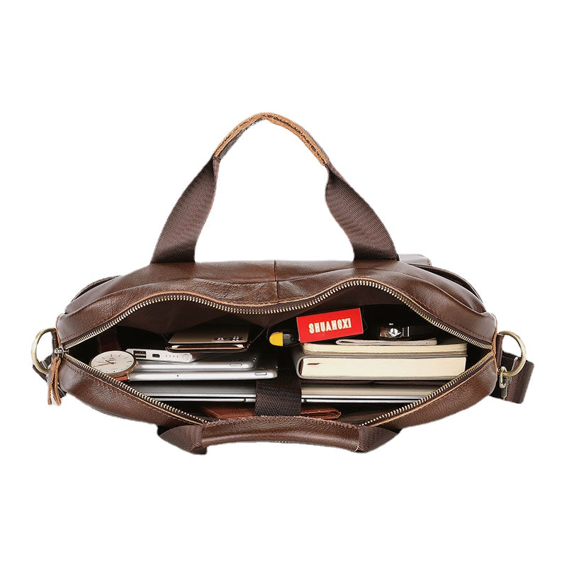 Men Genuine Leather Multi-pocket Vintage 14 Inch Laptop Bag Briefcases Crossbody Bag Shoulder Bag Handbag