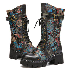 Retro Buckle Strap Decor Flowers Cloth Leather Splicing Comfy Wearable Fashion Mid-calf Boots