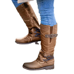 Women Metal Buckle Decor Slip On Mid Calf Riding Boots