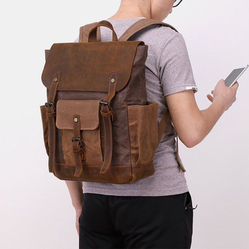 Men Oil Wax Canvas Multi-pocket Backpack Large Capacity Breathable Wear-resistant 14 Inch Laptop Bag