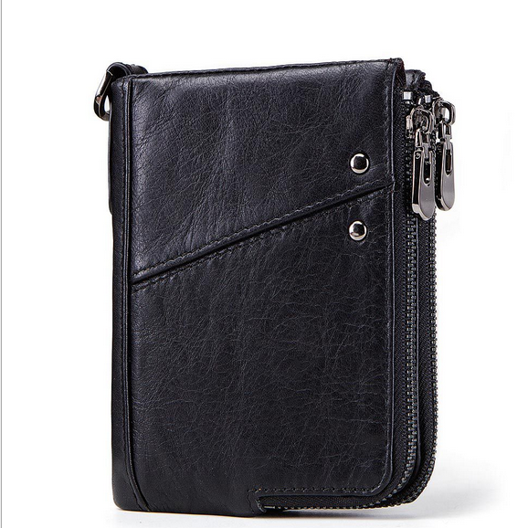 Men Genuine Leather Vinateg RFID Blocking Double Zipper Vertical Wallet