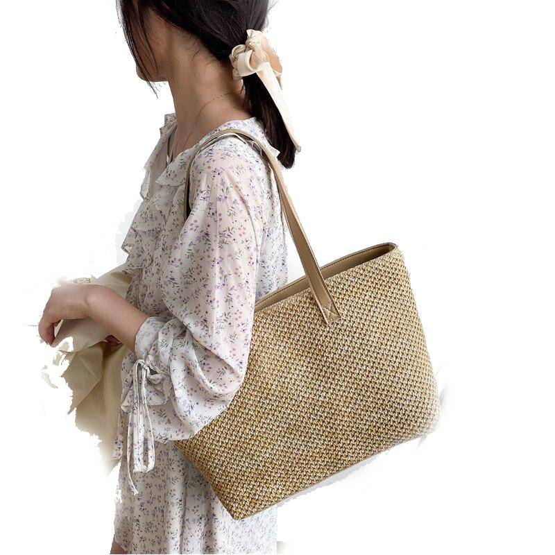 Fashion Women Beach Summer Straw Woven Pure Color Shoulder Shopping Tote Bag Casual Ladies Large Capacity Handbags