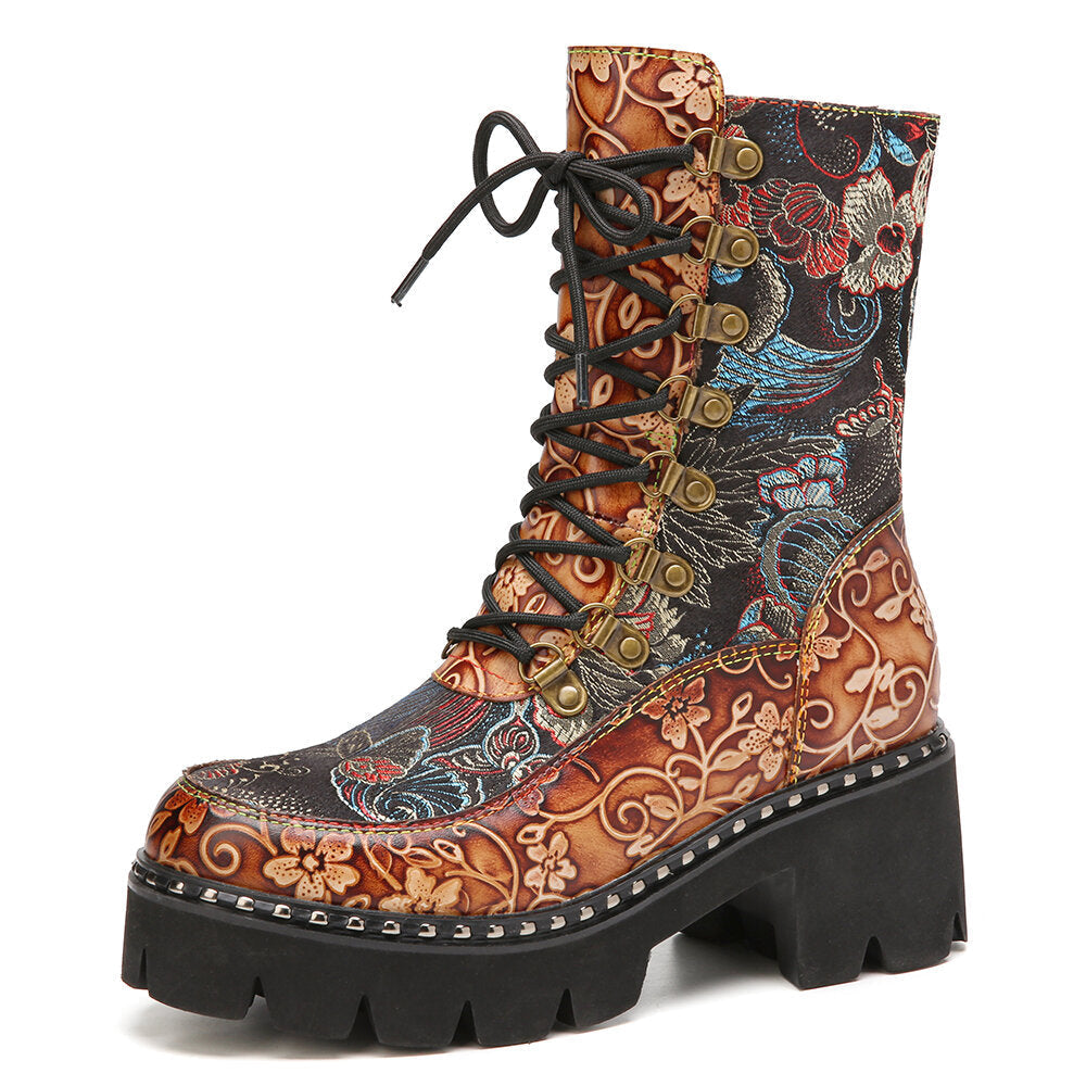 Retro Round Toe Embossing Floral Embroidery Cloth Leather Splicing Wearable Short Boots