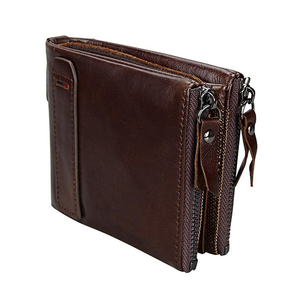 Men RFID Genuine Leather Short Double Zipper Wallet Card Holder Coin Bag