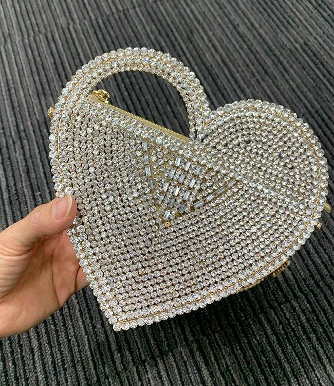 Luxury Heart Shaped Diamond Women Handbags Designer Hollow Out Metal Chain Bags