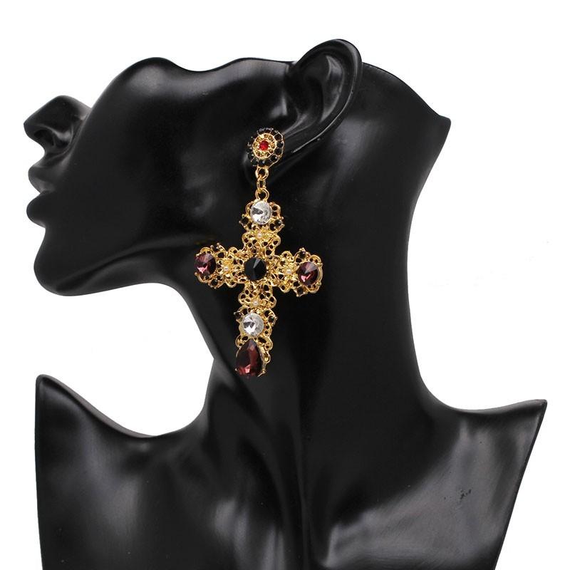 Vintage Boho Crystal Cross Drop Earrings For Women Baroque Bohemian Large Long Jewelry