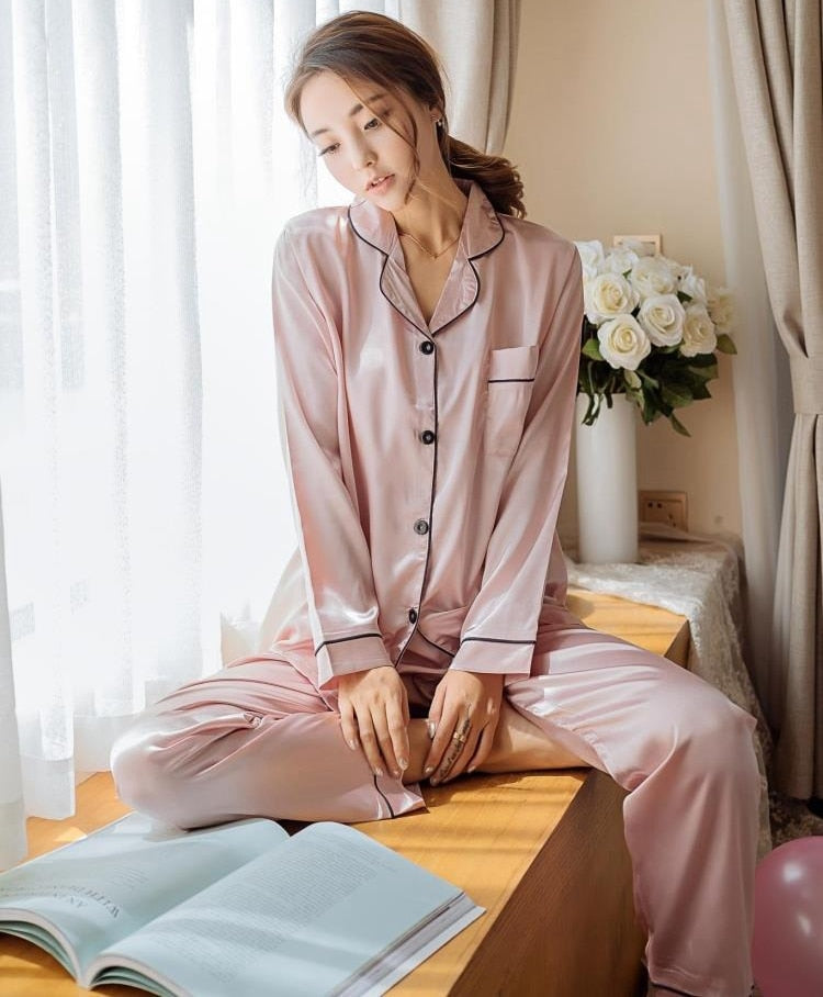 Womens Silk Satin Set Sleepwear Couple Suit Sleep Pyjamas Two Piece Set