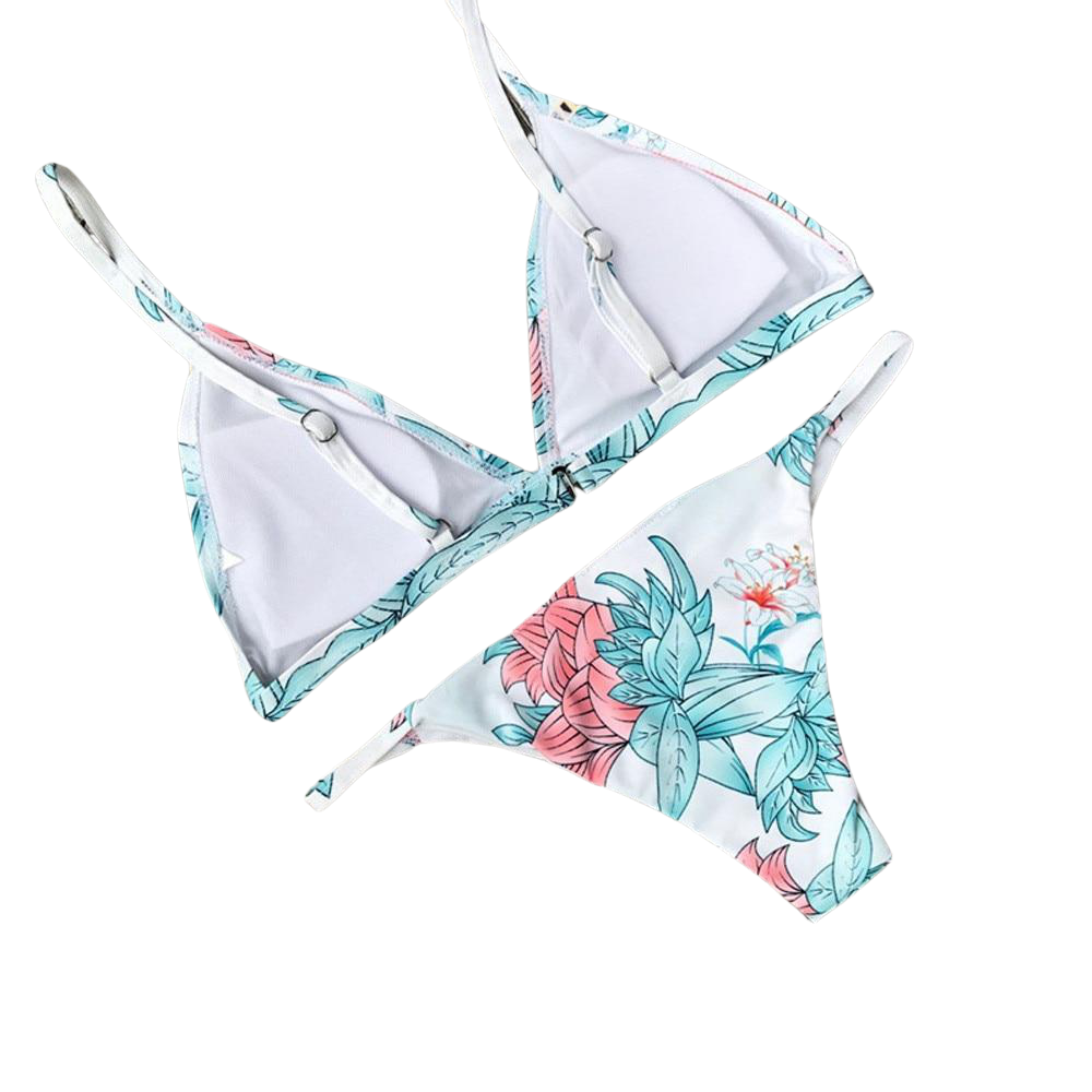 Light Blue Leaf Flower Padded Buckle Shoulder Strap Bikini - Sheseelady