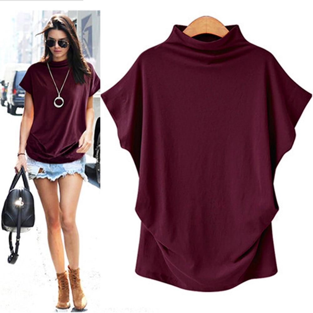 Women Casual Turtleneck Short Sleeve Cotton Solid Blouse