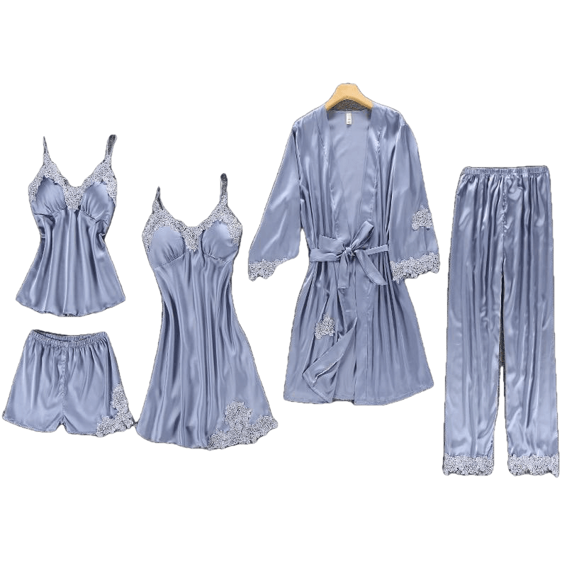 Women smooth Pajamas 5 Pieces Satin Silk Sleepwear With Chest Pads